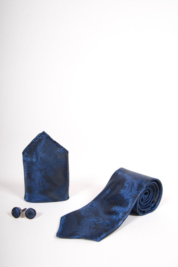 Blue Paisley Print Tie set- Tie, pock square, cufflinks.