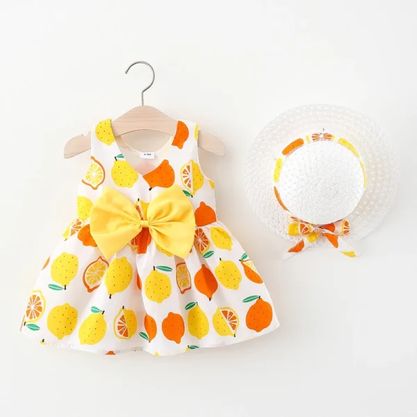 100 Cotton 2pcs Baby Girl All Over Lemon Print V Neck Sleeveless Bowknot Dress with Hat Set