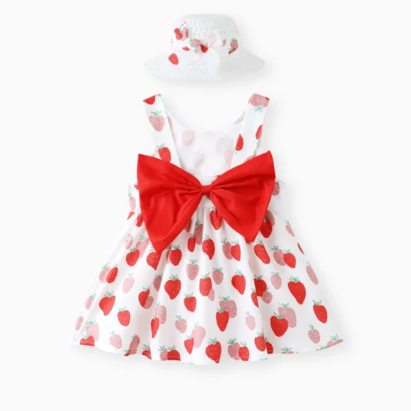 100 Cotton 2pcs Baby Girl All Over Red Strawberry Print Sleeveless Bowknot Dress with Hat Set