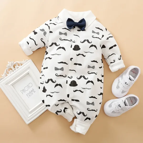 100 Cotton Moustache Pattern Bow Tie Decor Long sleeve Baby Jumpsuit