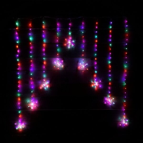 12m Premier Christmas Static Snowflake LED Silver Pin Wire V Curtain Lights in Rainbow