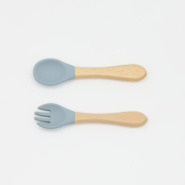 2 pack Baby Silicone Fork and Spoon with Wood Handle Baby Toddler Tableware Dishes Self Feeding Utensils Set for Self Training