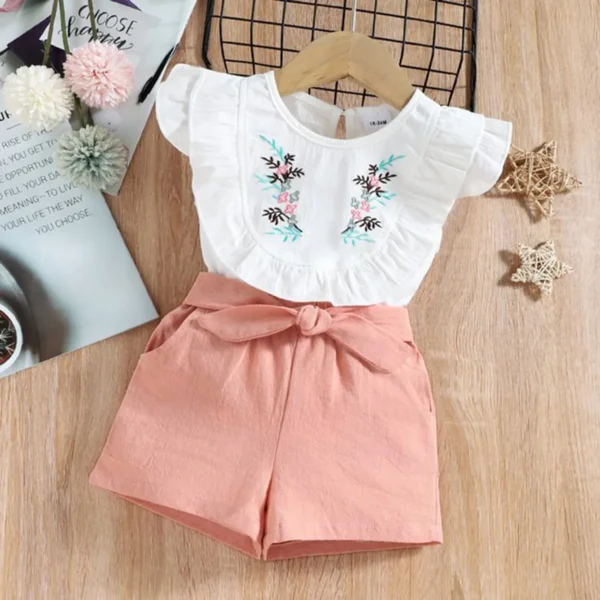 2 piece Baby Toddler Girl Pretty Floral Embroidery Top and Solid Shorts Sets