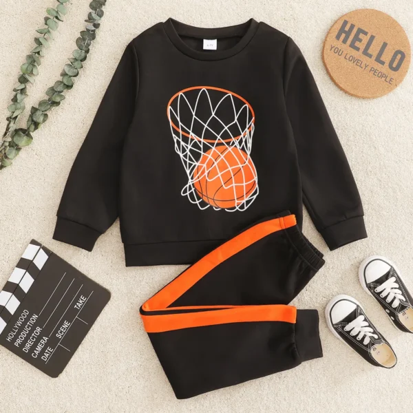 2 piece Kid Boy Ball Print Pullover Sweatshirt and Colorblock Pants Set