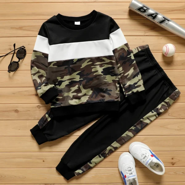 2 piece Kid Boy Camouflage Print Colorblock Sweatshirt and Pants Set