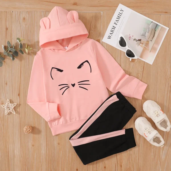 2 piece Kid Girl Animal Cat Print Hoodie Sweatshirt and Colorblock Pants Set