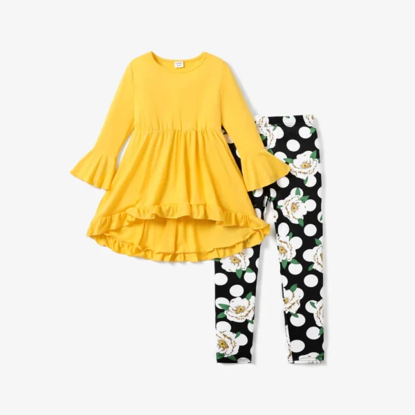 2 piece Kid Girl Bell sleeves Ruffled High Low Solid Top and Floral Polka dots Print Leggings Set