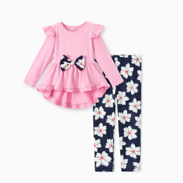 2 piece Kid Girl Bowknot Ruffled Long sleeves Tee and Flower Allover Print Pants