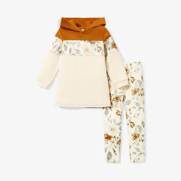 2 piece Kid Girl Floral Print Colorblock Hoodie Sweatshirt and Elasticized Pants Set