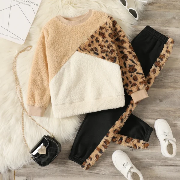 2 piece Kid Girl Leopard Print Colorblock Fuzzy Pullover Sweatshirt and Fleece Lined Pants Casual Set