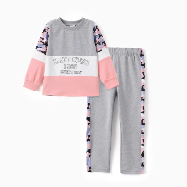 2 piece Kid Girl Letter Camouflage Print Colorblock Long sleeve Tee and Elasticized Pants Set