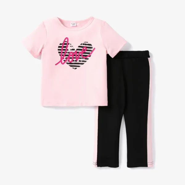 2 piece Kid Girl Letter Heart Print Pink Tee and Colorblock Capri Pants Set