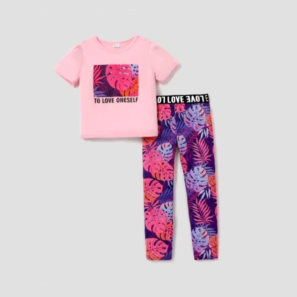 2 piece Kid Girl Letter Leaf Print Tee and Elasticized Leggings Set