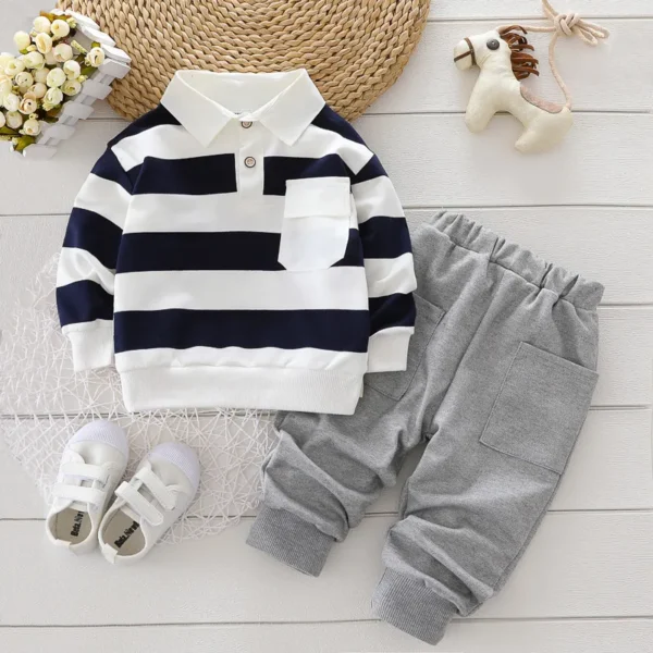 2 piece Toddler Boy Stripe Polo shirt and Grey Pants Set