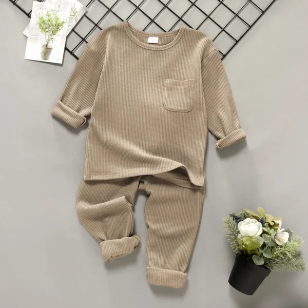 2 piece Toddler BoyGirl Round collar Long sleeve Ribbed Solid Top with Pocket and Elasticized Pants Casual Set