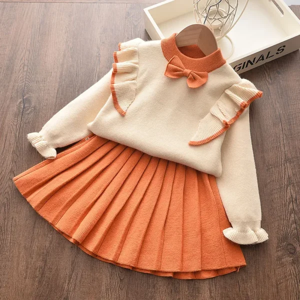 2 piece Toddler Girl Bowknot Flounced Knitted Sweater and Pleated Skirt Set