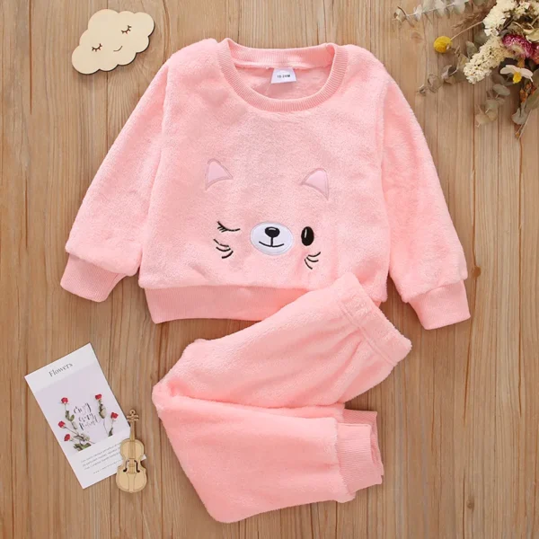 2 piece Toddler Girl Cat Pattern Fuzzy Pullover and Pink Pants Set