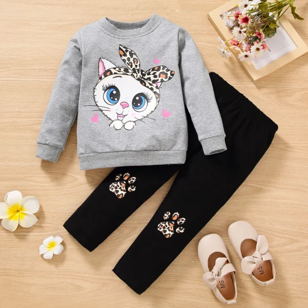 2 piece Toddler Girl Cat Print Pullover Sweatshirt and Leopard Print Pants Set