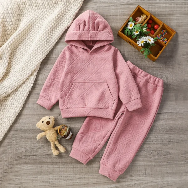 2 piece Toddler Girl Floral Pattern Textured Ear Design Hoodie Sweatshirt and Pants Set