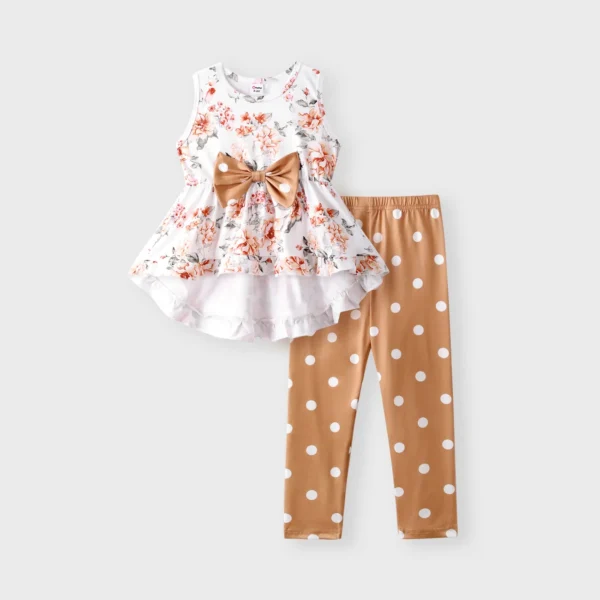 2 piece Toddler Girl Floral Print Bowknot Design Ruffled High Low Sleeveless Tee and Polka dots Pants Set