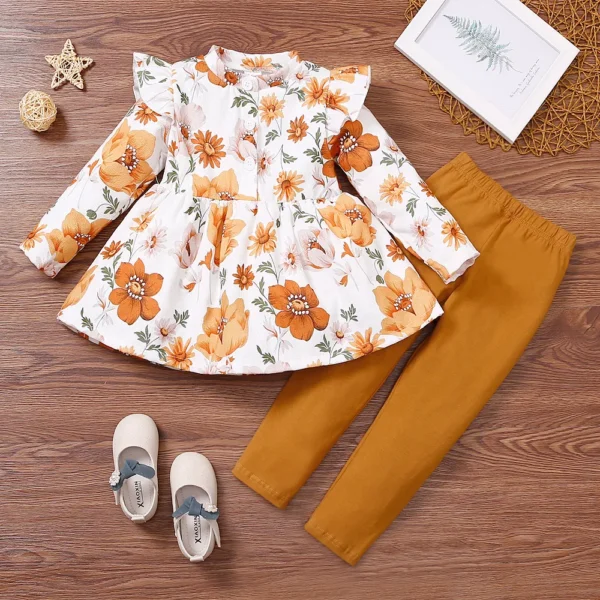 2 piece Toddler Girl Floral Print Button Design Corduroy Flutter Long sleeve Top and Solid Pants Set