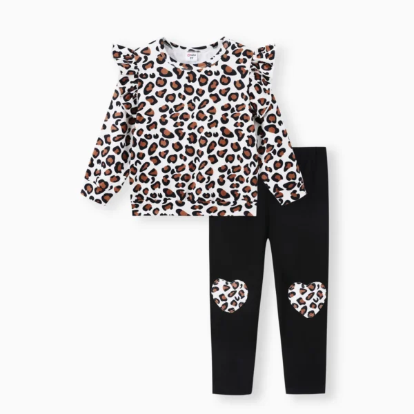 2 piece Toddler Girl Leopard Print Flutter Long sleeve Top and Heart Pattern Pants Set