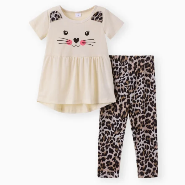 2 piece Toddler Girl Letter Cat Print Ear Design Tee and Leopard Print Pants Set