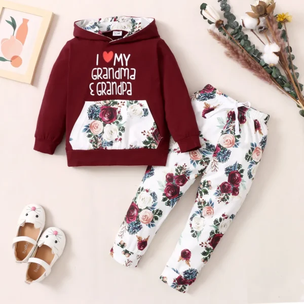 2 piece Toddler Girl Letter Floral Print Hoodie and Pants Set