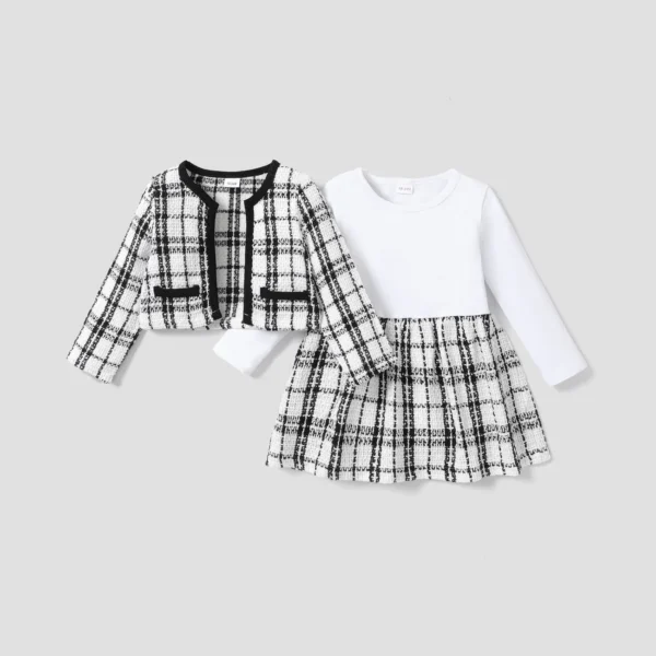 2 piece Toddler Girl Long sleeve White Plaid Tweed Stitching Dress and Cardigan Set