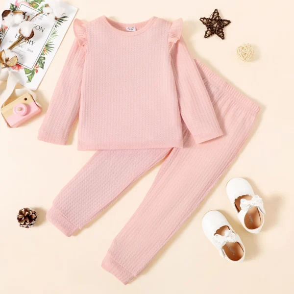 2 piece Toddler Girl Ruffled Textured Long sleeve Top and Solid Color Pants Set