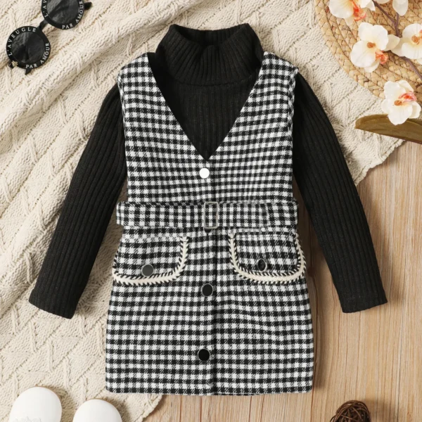 2 piece Toddler Girl Turtleneck Long sleeve Ribbed Black Sweater and Belted Plaid Tweed Overall Dress Set