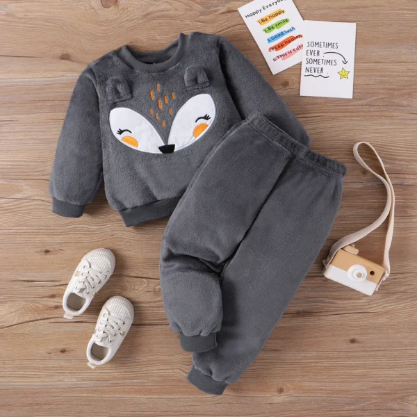 2 piece Toddler GirlBoy Fox Pattern Ear Design Fuzzy Sweatshirt and Pants Set