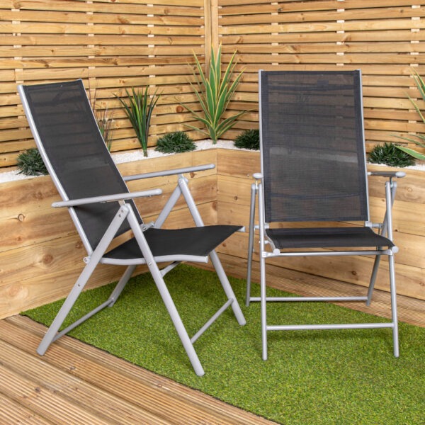 2 x Multi Position High Back Reclining Garden Outdoor Folding Chair in Black and Silver