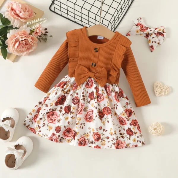 2pcs Baby 95 Cotton Ribbed Long sleeve Ruffle Bowknot Splicing Floral Print Dress with Headband Set