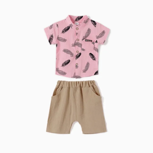 2pcs Baby Boy 100 Cotton Short sleeve All Over Feather Print Button Up Shirt and Solid Shorts Set