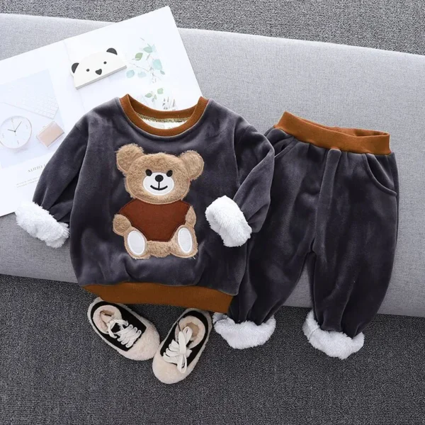 2pcs Baby Boy 95 Cotton Long sleeve Cartoon Bear Pattern Thickened Fleece Lined Pullover and Trousers Set