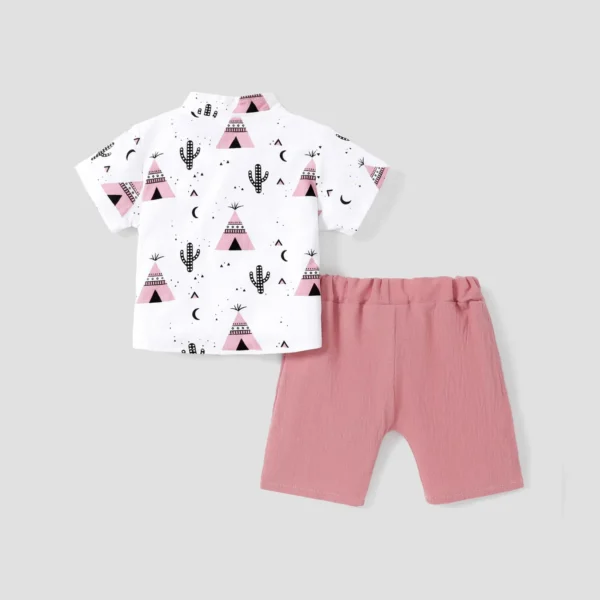 2pcs Baby Boy 95 Cotton Short sleeve All Over Cactus Print Button Up Shirt and Solid Shorts Set