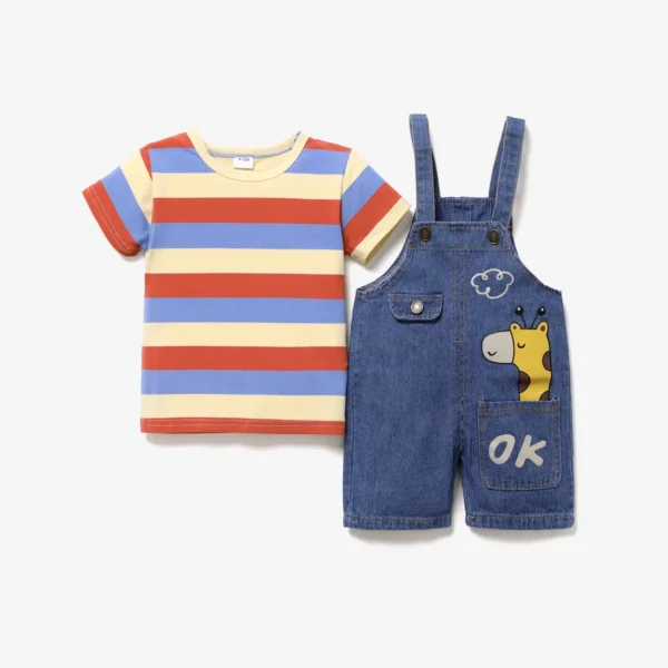 2pcs Baby BoyGirl 95 Cotton Short sleeve Striped Tee and Cartoon Giraffe Print Denim Overalls Shorts Set