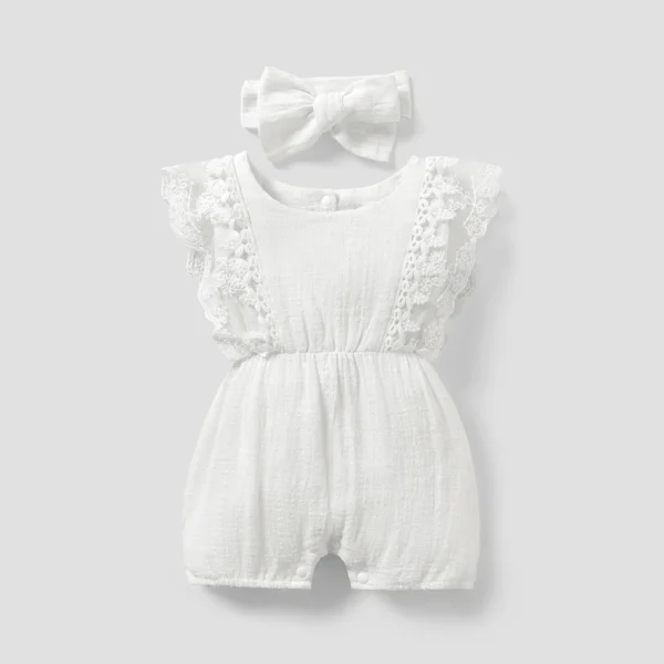 2pcs Baby Girl 95 Cotton Lace Flutter sleeve Romper with Headband Set