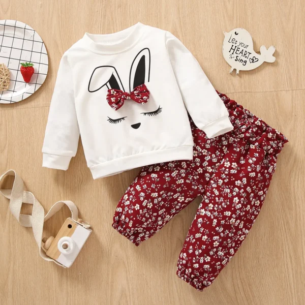 2pcs Baby Girl 95 Cotton Long sleeve Cartoon Rabbit Print Sweatshirt and Floral Print Trousers Set