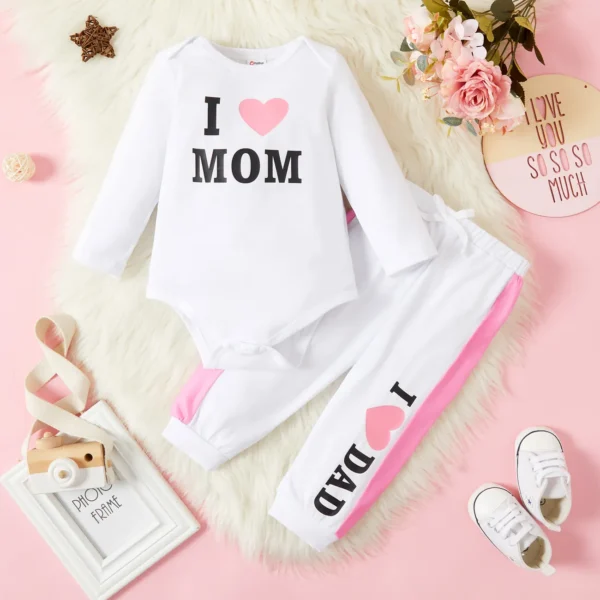 2pcs Baby Girl Love Heart and Letter Print Long sleeve Romper with Trousers Set