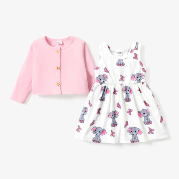 2pcs Baby Girl Pink Cardigan and Elephant Print Dress Set