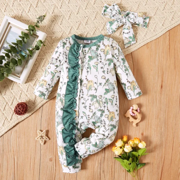 2pcs Baby Girl Ribbed GreenWhite Rabbit Print Long sleeve Ruffle Jumpsuit Set