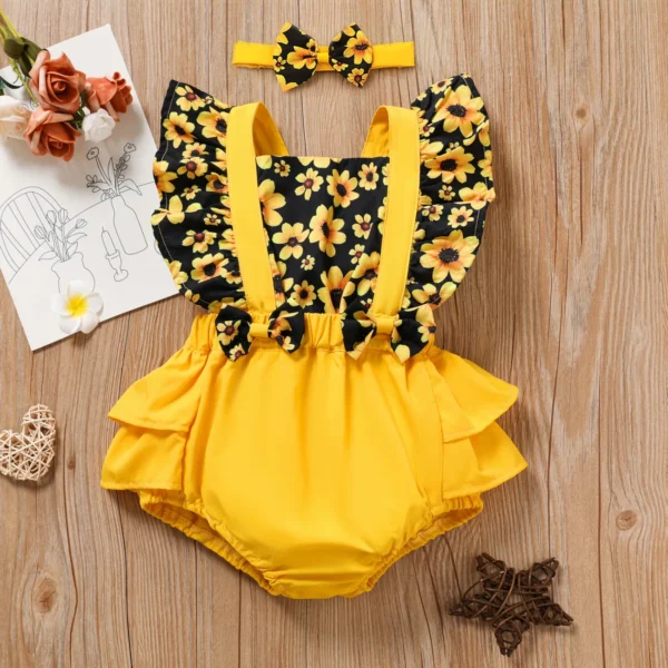 2pcs Baby Girl Sunflower Floral Print Splice Yellow Layered Sleeveless Ruffle Romper with Headband Set