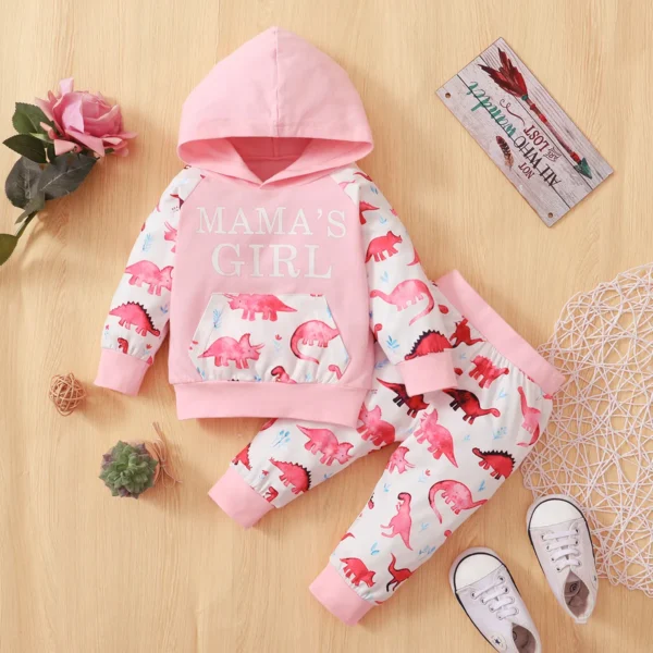 2pcs Baby Letter and Dinosaur Print Pink Long sleeve Hoodie and Trousers Set