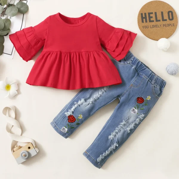 2pcs Baby Red Bell Sleeve Loose fit Top and Floral Embroidered Ripped Denim Jeans Set