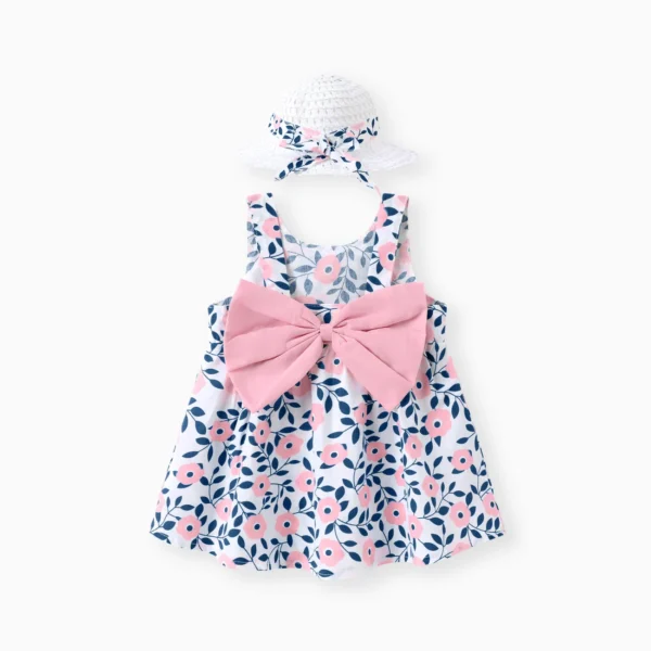 2pcs Floral Print Bowknot Sleeveless Baby Dress Hat Set