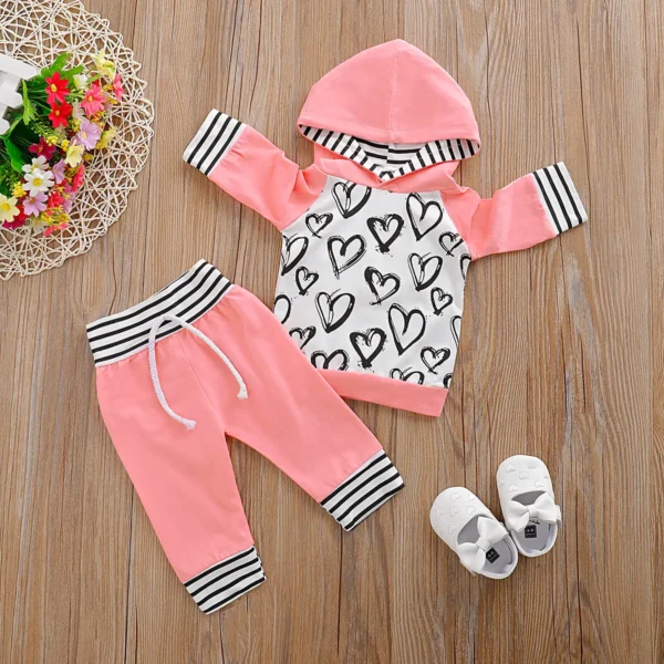 2pcs Heart and Striped Print Hooded Long sleeve Pink Baby Set