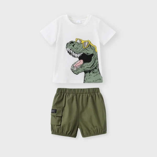 2pcs Toddler Boy Playful Dinosaur Print Tee Cargo Shorts Set