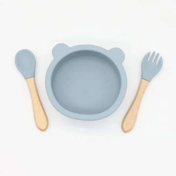 3 pack Baby Cute Cartoon Bear Silicone Suction Bowl and Fork Spoon with Wooden Handle Baby Toddler Tableware Dishes Self Feeding Utensils Set for Self Training